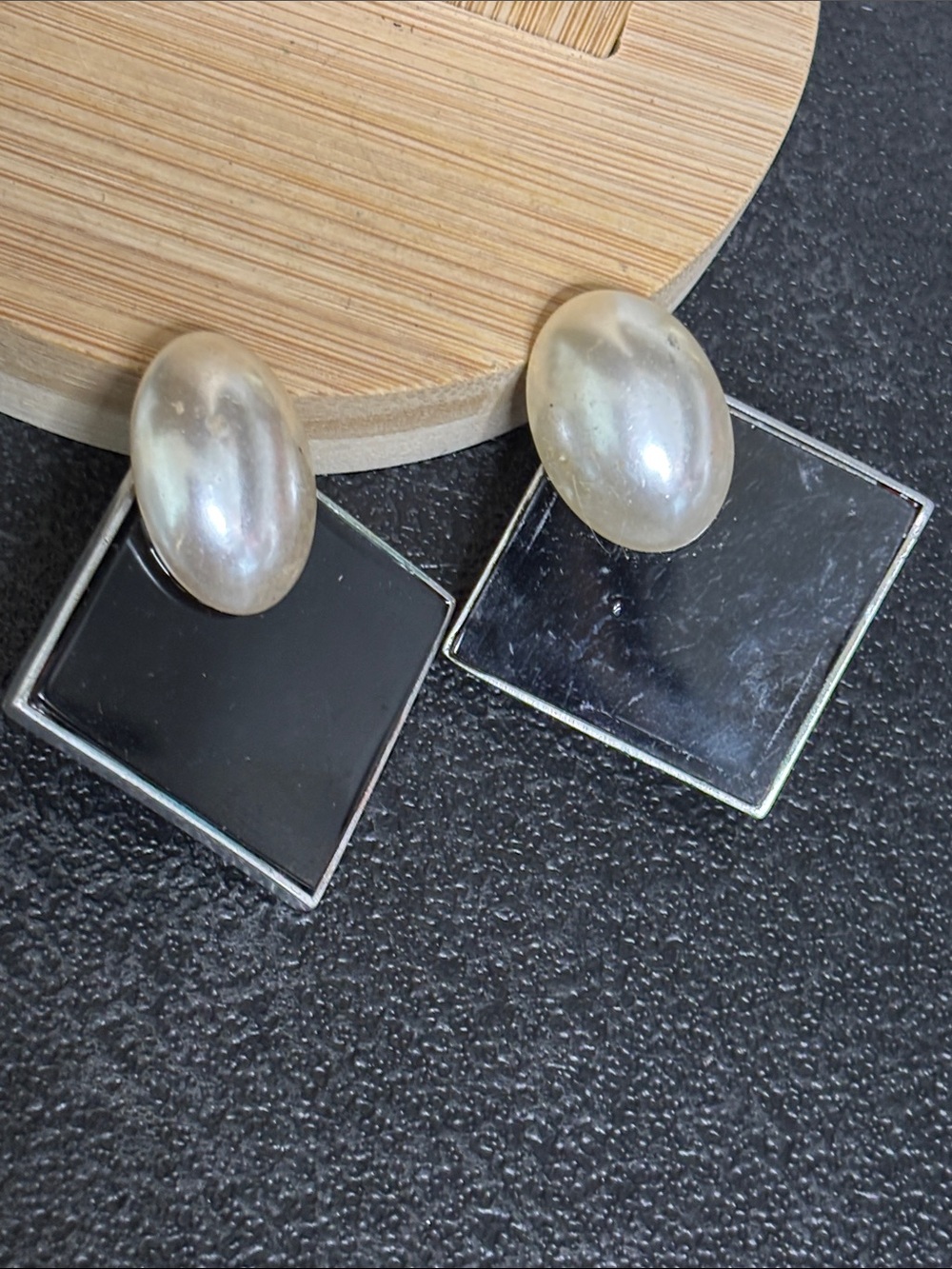 Vintage Unique Signed Oval Top Square Drop Earrings Silver Tone Black Rare